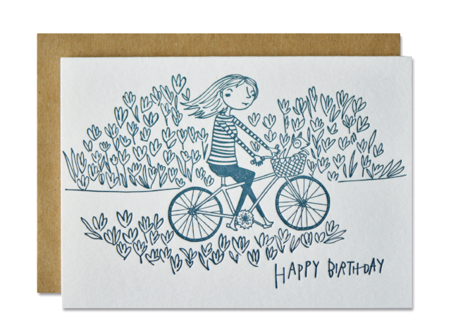 Cycling & happy birthday card in letterpress