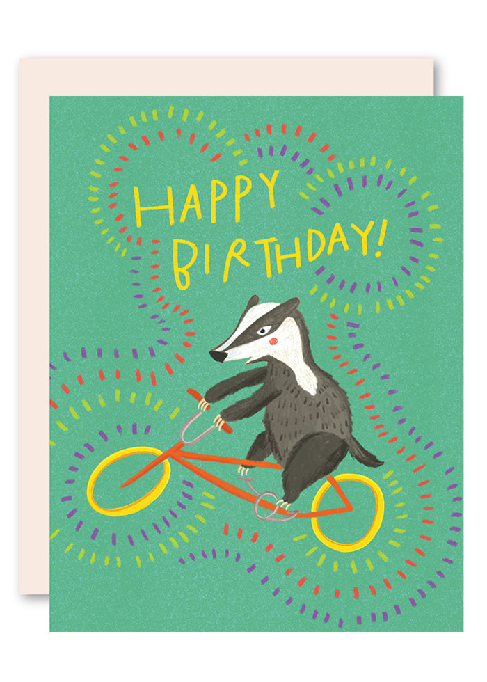 Badger on bike birthday card