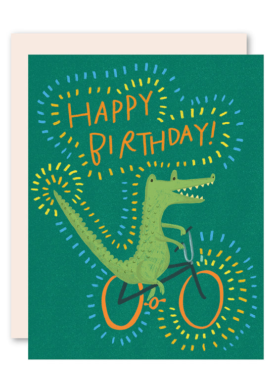Crocodile on bike birthday card