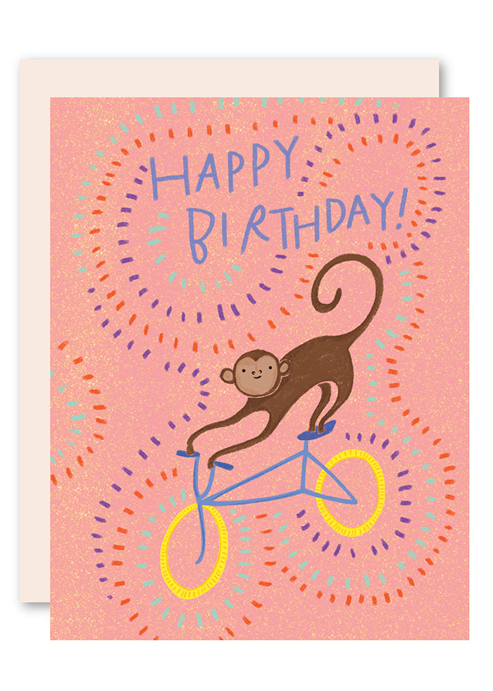 Monkey on bike birthday card