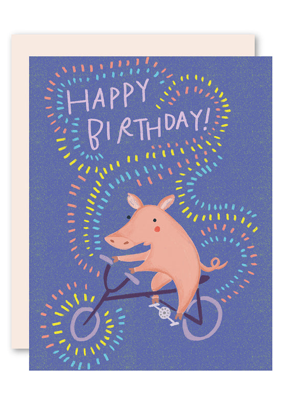 Piggy on bike birthday card