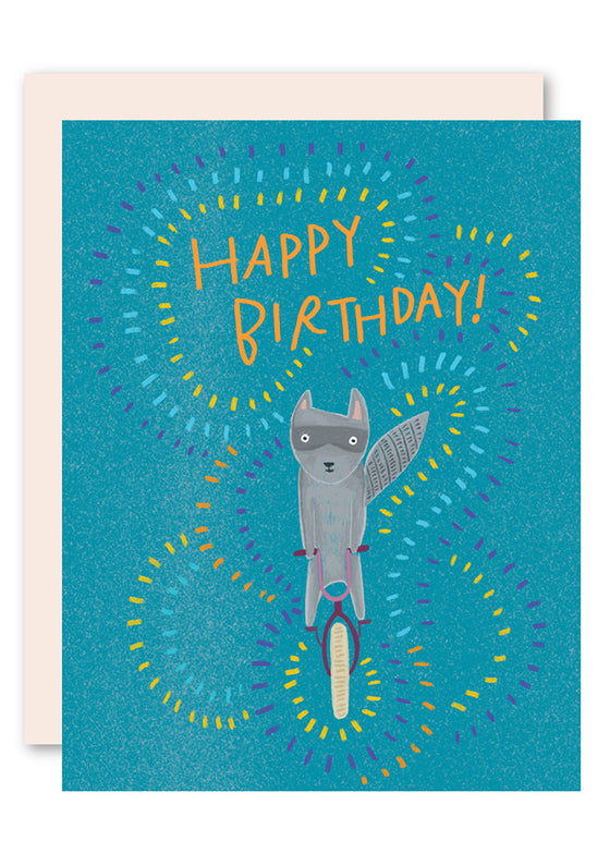 Raccoon on bike birthday card