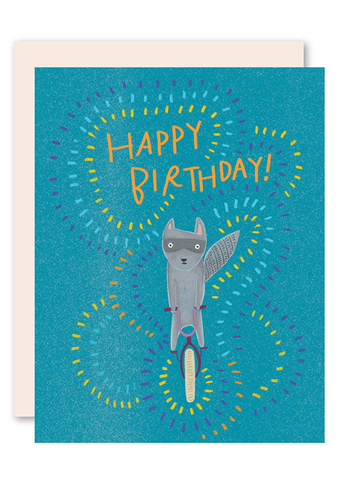 Raccoon on bike birthday card